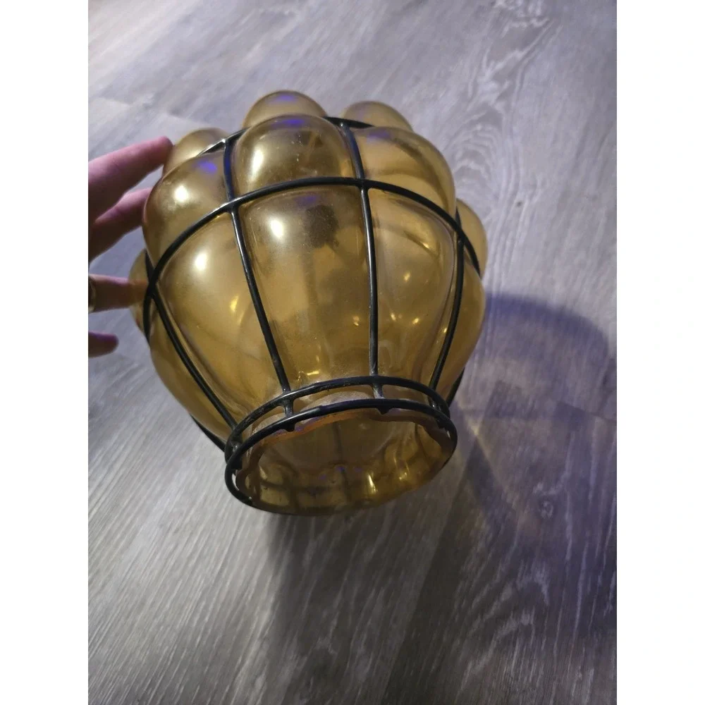 Set Of 2 Vintage Caged Glass Amber Blown Lamp Globe Shade Estate Find